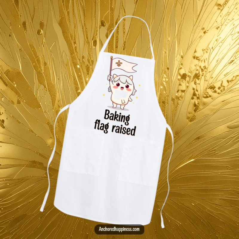 Funny apron showing a cute character enthusiastically raising a signal flag, perfect for spirited cooking.