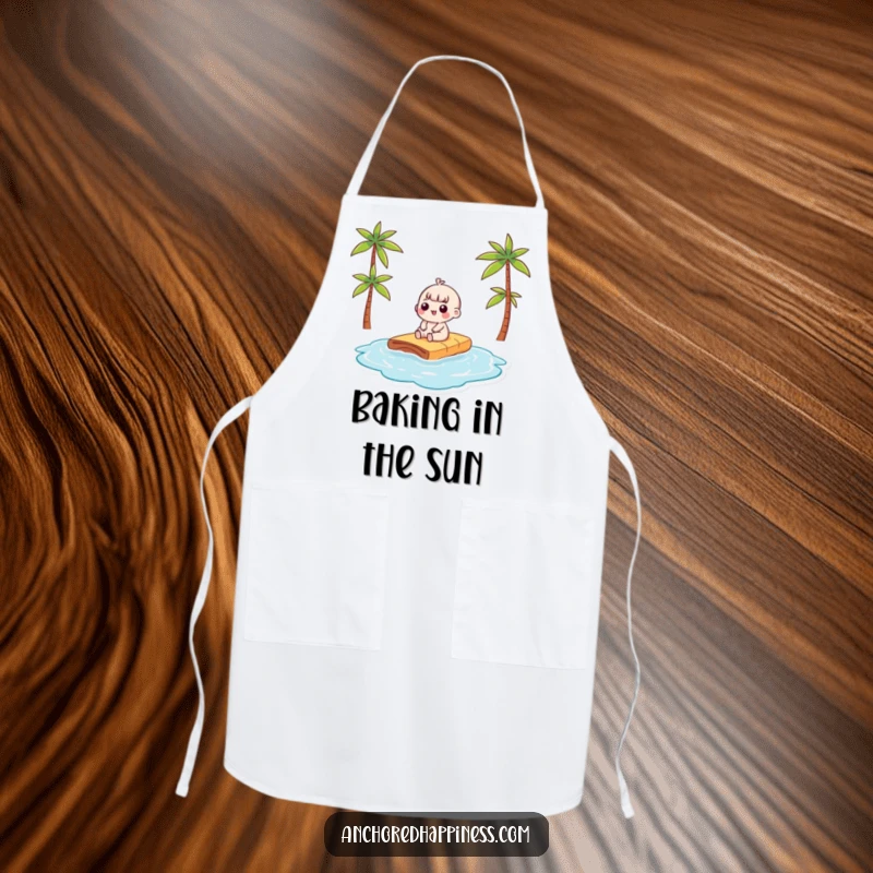 Funny kawaii character sunbathing on a raft, printed on a humorous apron, ideal for cooking and beach party fun.