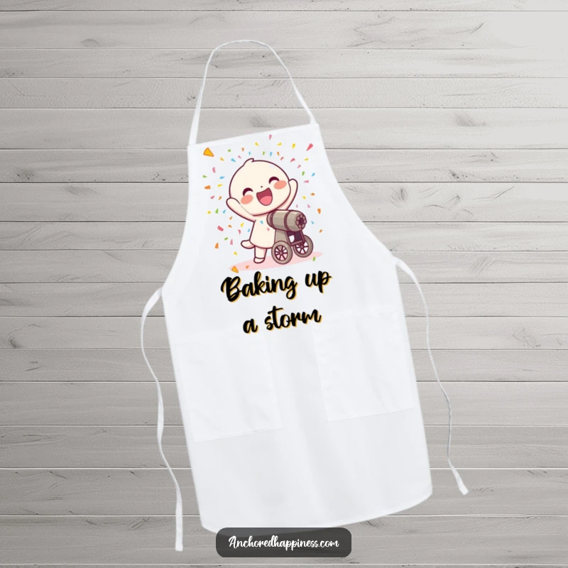 Funny apron print of a joyful character firing a confetti cannon, with colorful confetti mid-air.