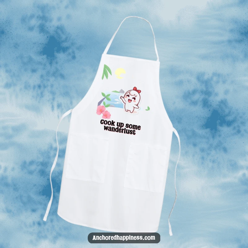 Funny Apron: Cute character pointing at a distant island, blending cooking and adventure, a fun and functional gift.