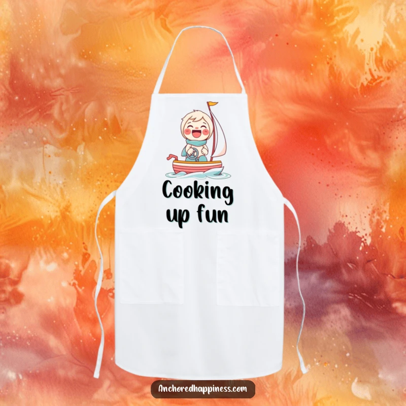 Funny apron with a beaming character giggling while steering a tiny toy sailboat, perfect for culinary adventures.