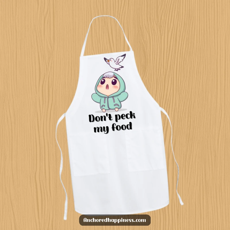 Funny apron showcasing a surprised character startled by a tiny seagull landing, perfect for adding humor to cooking and kitchen tasks.