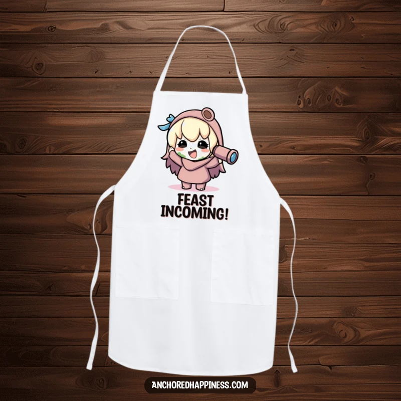 Funny kawaii chef explorer apron, character joyfully spots land through spyglass, cooking and adventure theme, humorous kitchen wear gift.