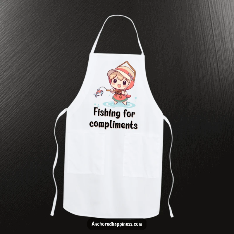 Funny apron showing a character using a comically large net to catch a tiny fish, ideal for kitchen fun.
