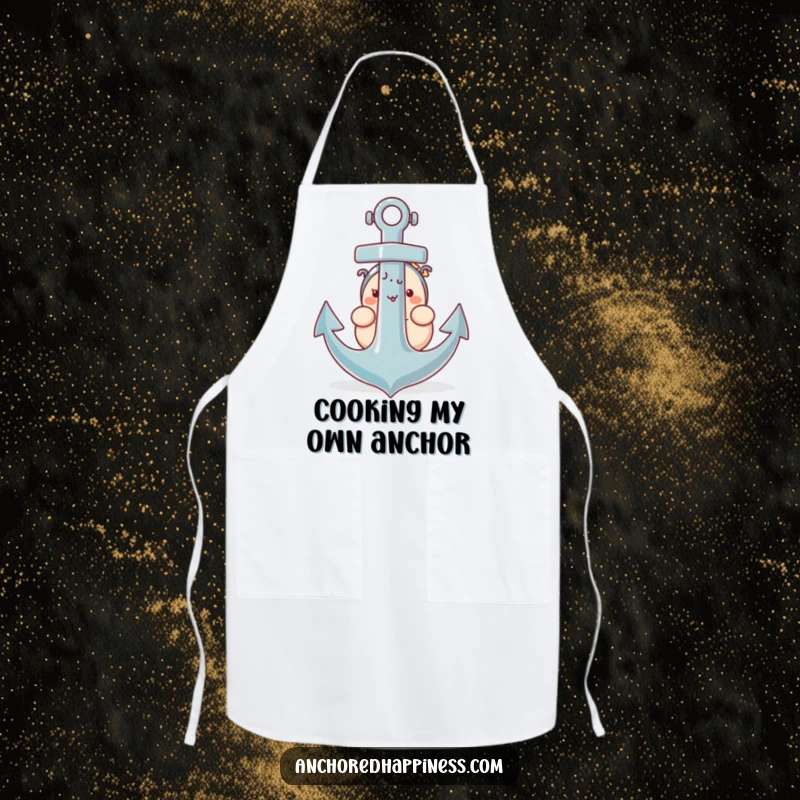 Funny apron print of a plump character shyly peeking from behind a giant anchor, ready to cook.