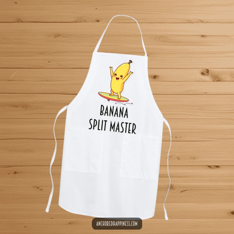 Funny smiling banana doing a handstand on a tiny surfboard, ideal for kitchen humor.