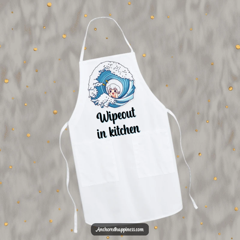 Funny apron showing a cute character looking hilariously surprised by a large ocean wave, perfect for beach-themed cooking.