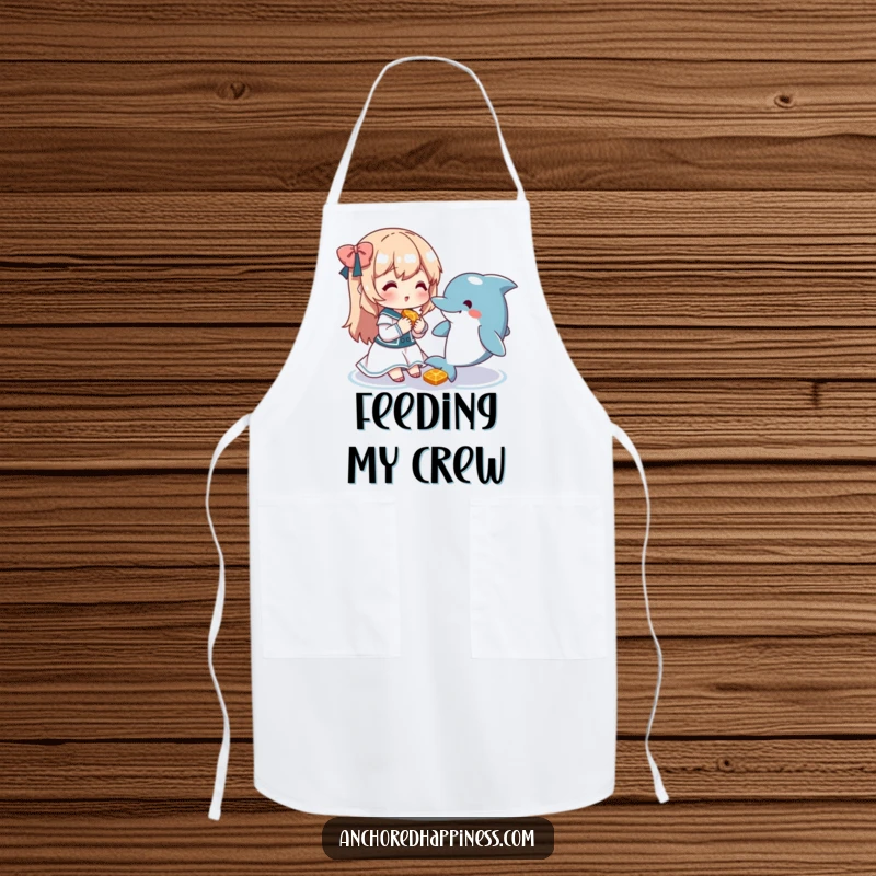Funny apron featuring a cute character sharing a snack with a friendly dolphin, ideal for the kind-hearted cook.