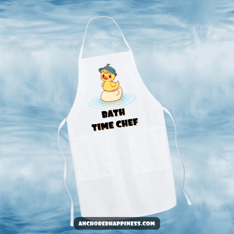 Funny apron showcasing a whimsical character balancing on a rubber ducky in the water, perfect for adding humor to cooking tasks.