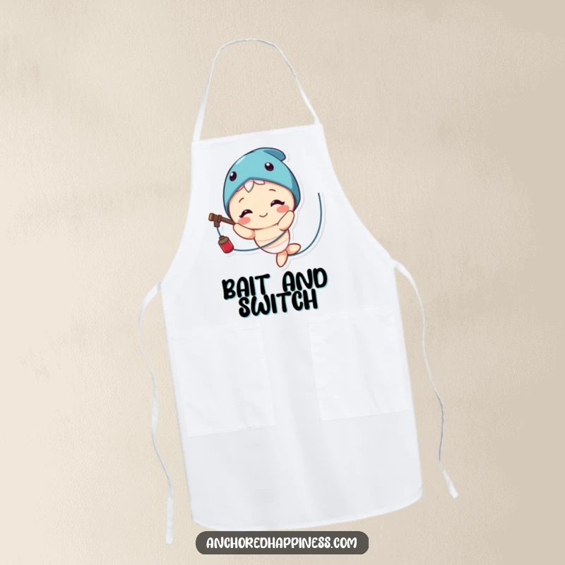 Funny apron featuring a cute character that is smiling while comically tangled in fishing line, ideal for cooking.