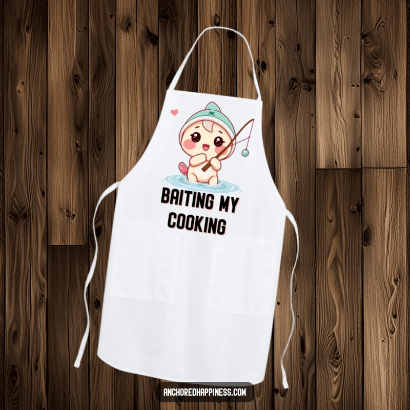 Funny apron featuring a playful character casting a fishing line with a hopeful look, perfect for grilling or fishing adventures.