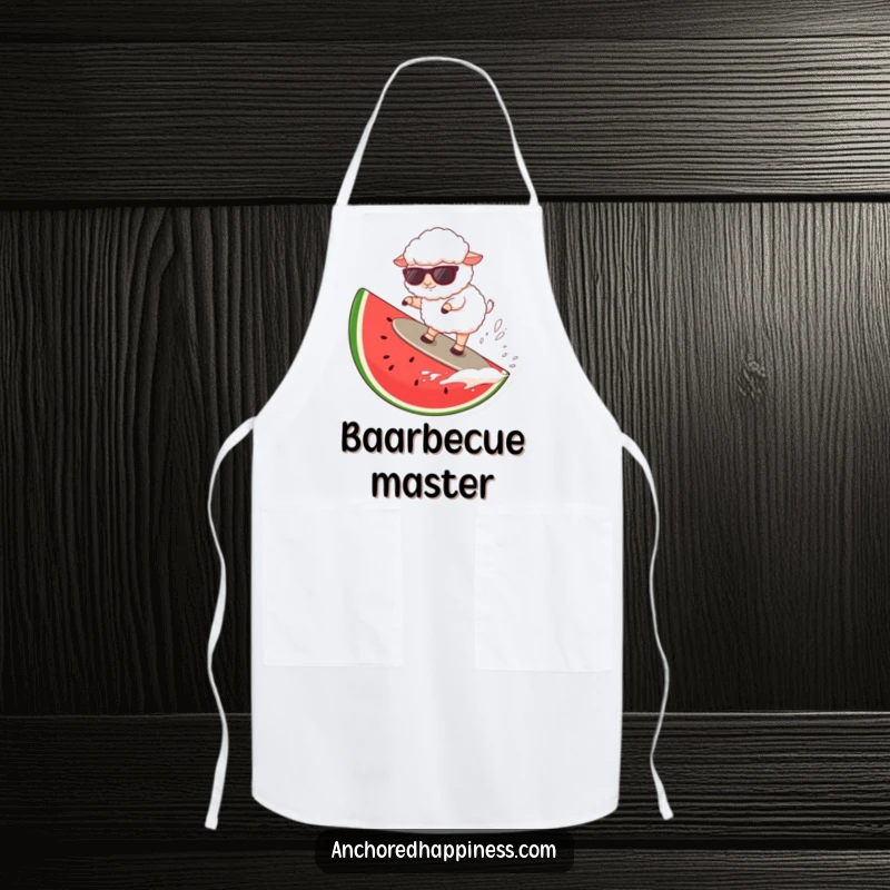 Funny sheep wearing sunglasses surfing a giant watermelon slice, ideal for kitchen humor.