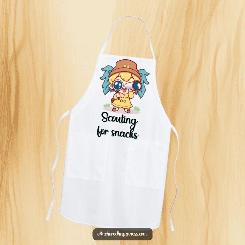 Funny apron featuring a cute character holding a spyglass, looking excitedly ahead, ideal for the chef with a vision.