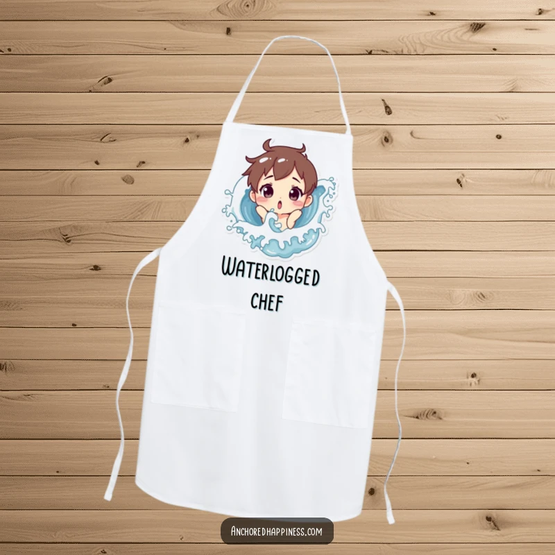 Funny apron showcasing a character with a surprised expression being playfully splashed by a water wave, ideal for kitchen fun and protection.