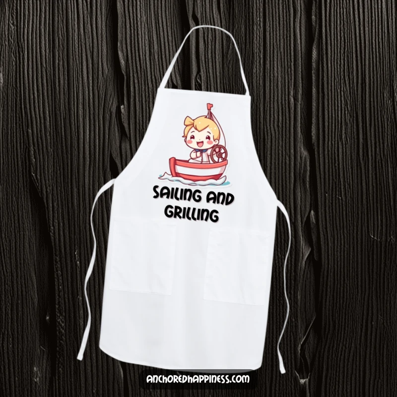 Funny apron showing a tiny character with a huge grin, enthusiastically steering a miniature sailboat, perfect for kitchen fun.