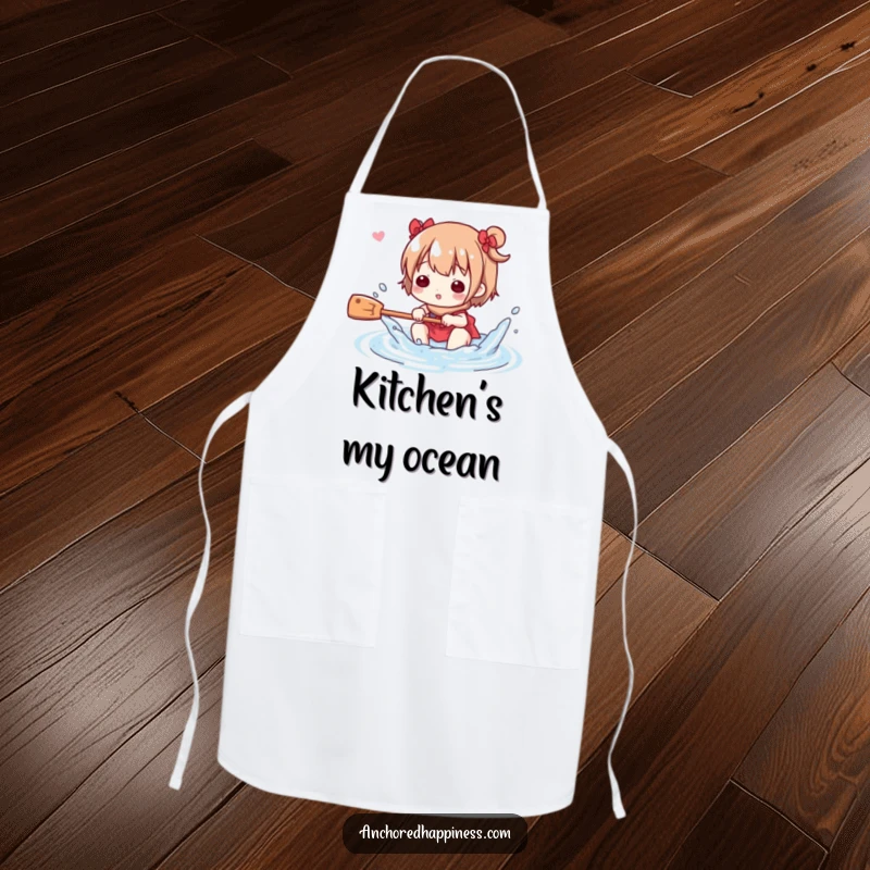Funny Apron: Cute character playfully splashing water with a small oar, adding fun to kitchen tasks, a practical funny gift.