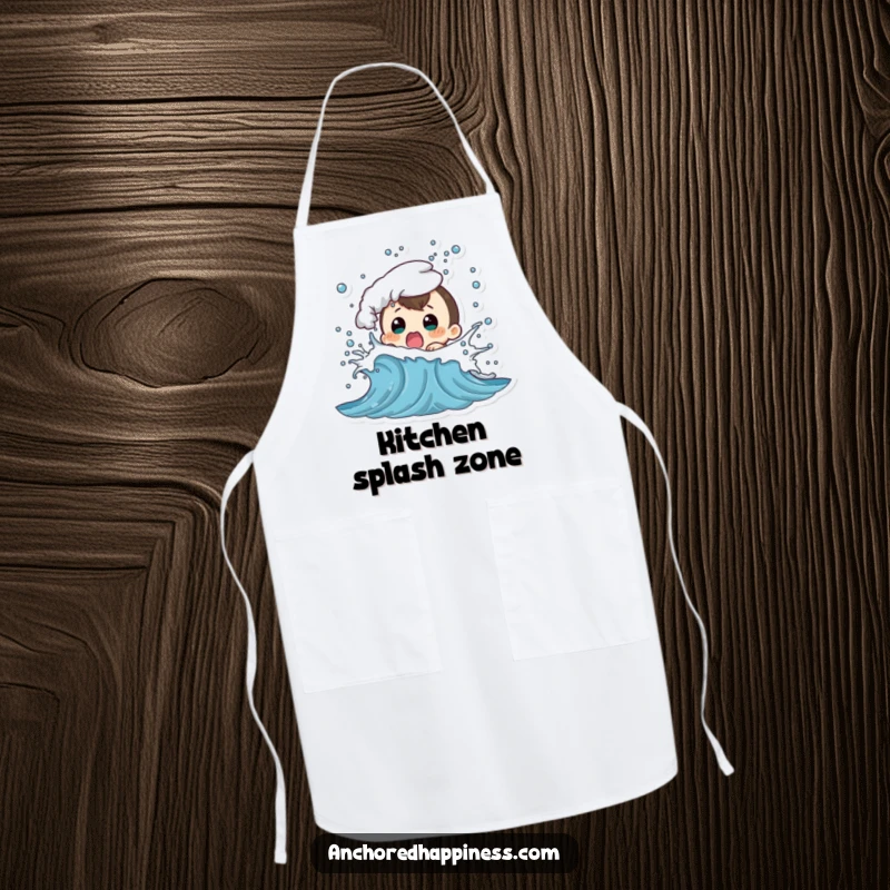 Funny apron showing a character comically shocked as a playful wave splashes them, ideal for kitchen fun and protection.