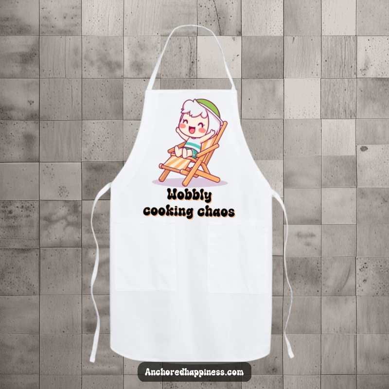 Funny Wobble Apron: Happy character attempts to balance on a wobbling deck chair, perfect for keeping messes away with a smile.
