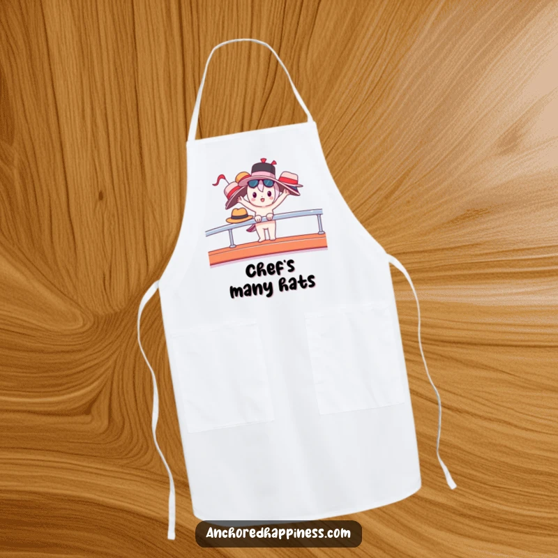 Funny apron with a cute character balancing many hats on a yacht railing, ready for culinary tasks.