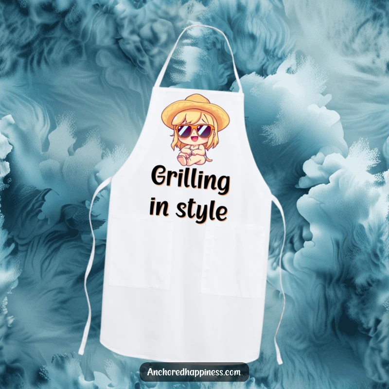 Funny apron showing a character wearing sunglasses and a straw hat, lounging with delight, ideal for kitchen fun.