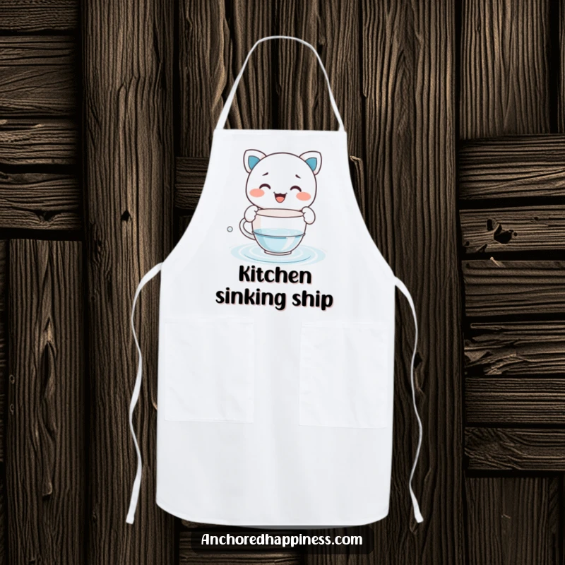 Funny apron depicting a grinning character comically bailing water with a tiny teacup, practical kitchen wear with a humorous twist.
