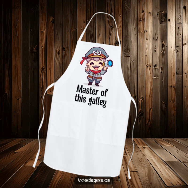Funny apron with a character as a captain, pointing with a spyglass, ready for a humorous cooking session.