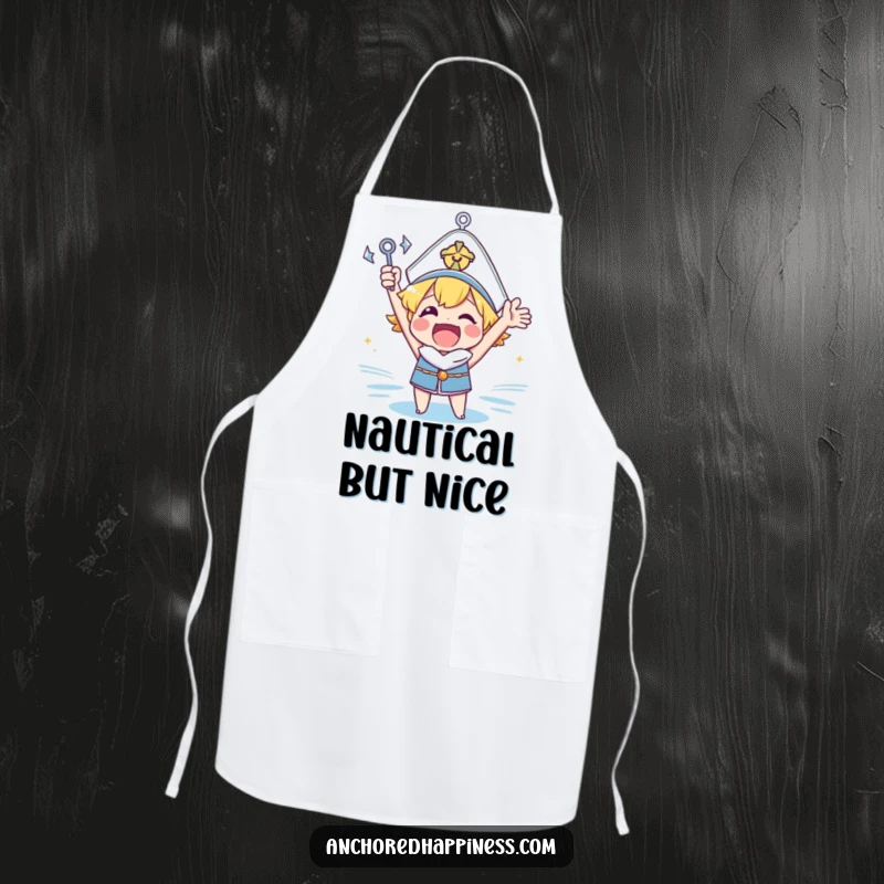 Funny anchor cheer apron showing a gleeful character holding a small anchor, ready to add excitement to kitchen tasks.