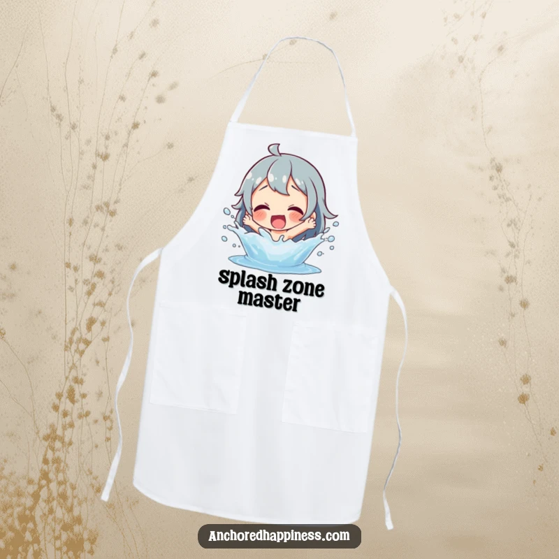 Funny splashing fun apron showing a delighted character playfully splashing water, perfect for kitchen fun and mess protection.