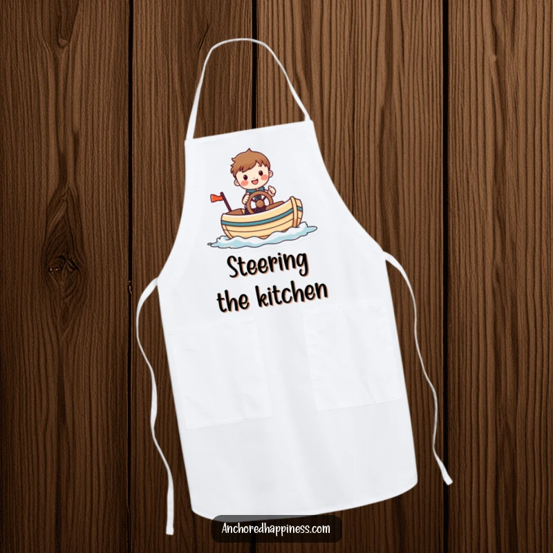 Funny apron featuring a cheerful figure comically steering a small, whimsical boat, ideal for kitchen duty with a maritime and humorous twist.