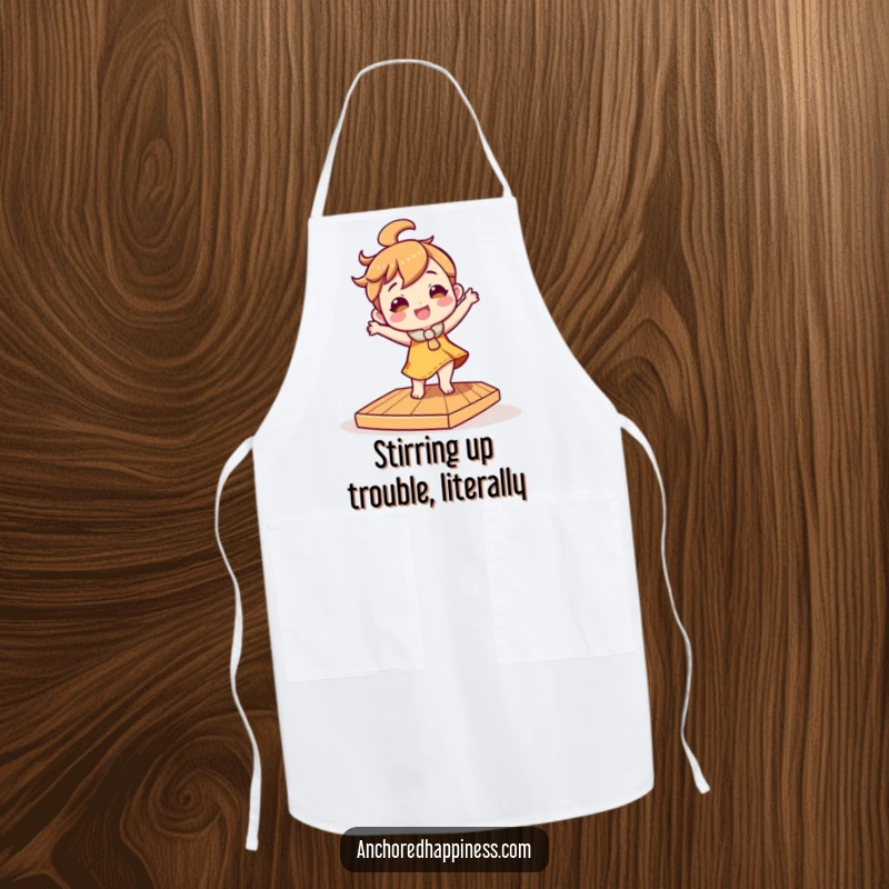 Funny apron depicting a character energetically dancing on a slightly tilted wooden deck, designed for kitchen fun and protection.