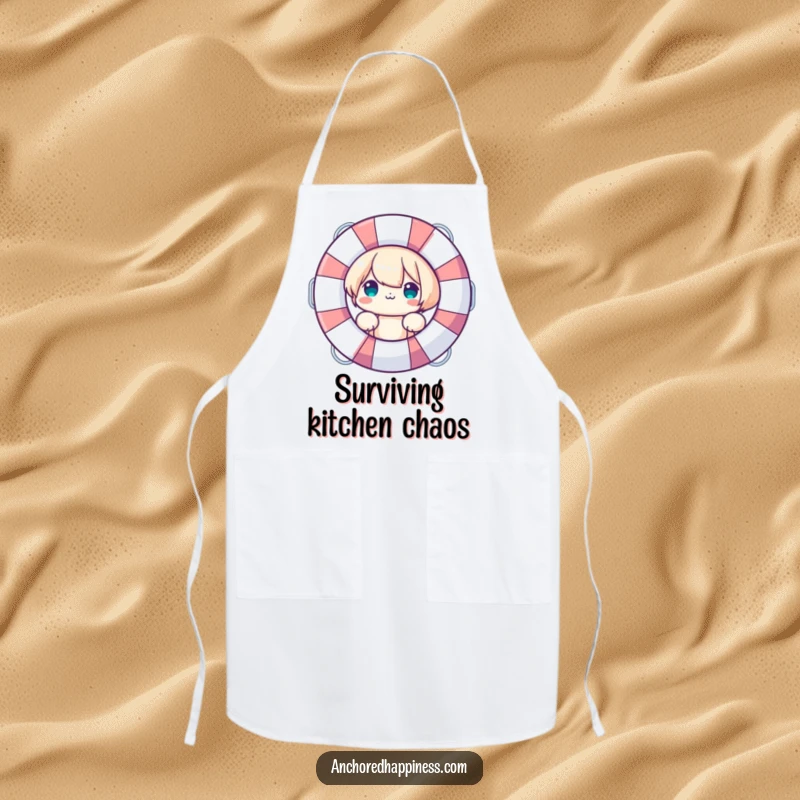 Funny Apron: Cute character peeking from behind a large life preserver, adding playful safety to cooking, a practical funny gift.