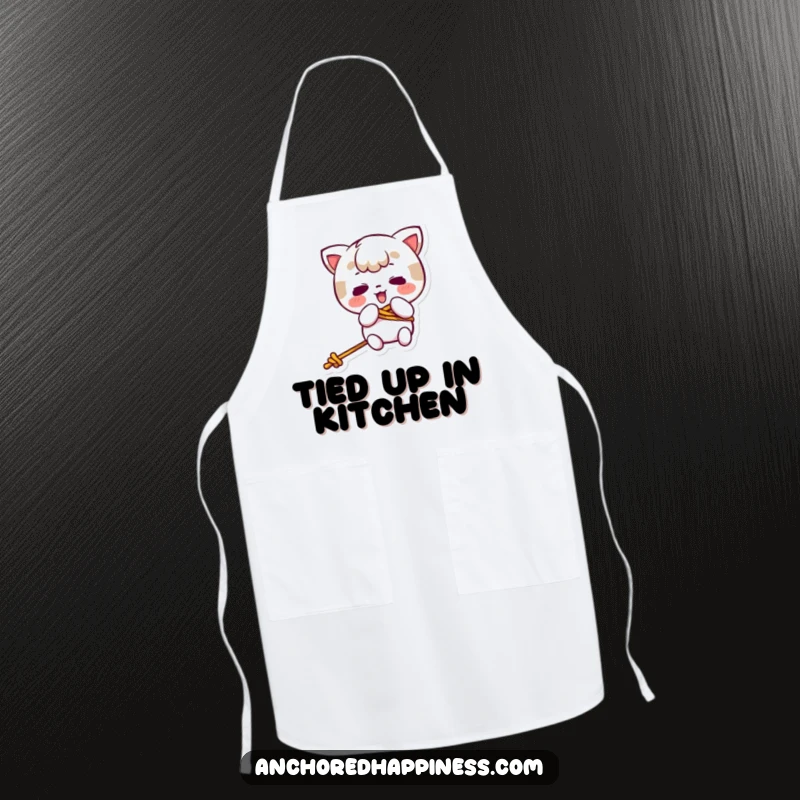 Funny kawaii character comically tangled in rope, printed on a humorous apron, ideal for cooking and kitchen fun.
