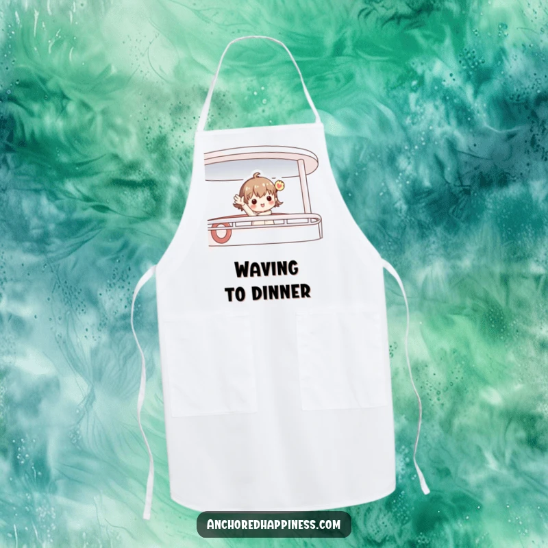 Funny apron featuring a charming figure enthusiastically waving from a boat deck, perfect for cooking or hosting with a nautical flair.