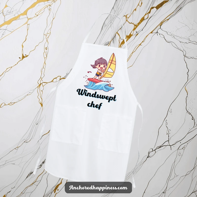 Funny apron showing a character joyfully windsurfing on a small, vibrant, colorful wave, perfect for a fun cooking experience.