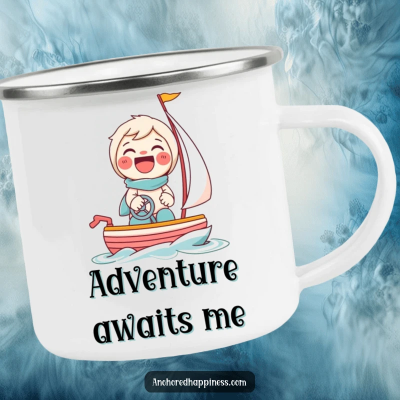 Funny camping mug with a beaming character giggling while steering a tiny toy sailboat, perfect for outdoor fun.