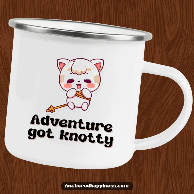Funny kawaii character comically tangled in rope on a durable camping mug, perfect for outdoor humor and navigating messes.