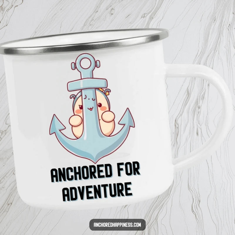 Funny camping mug with a plump character shyly peeking from behind a giant anchor, ideal for outdoor charm.