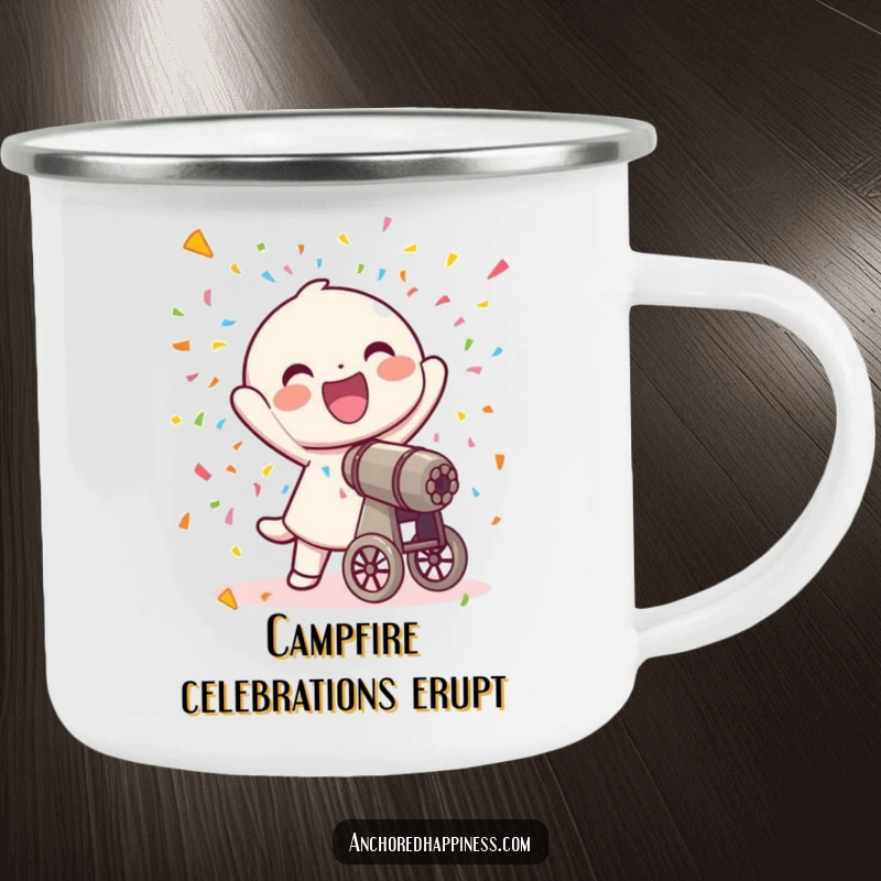 Funny camping mug with a joyful character firing a confetti cannon, ideal for outdoor celebrations.