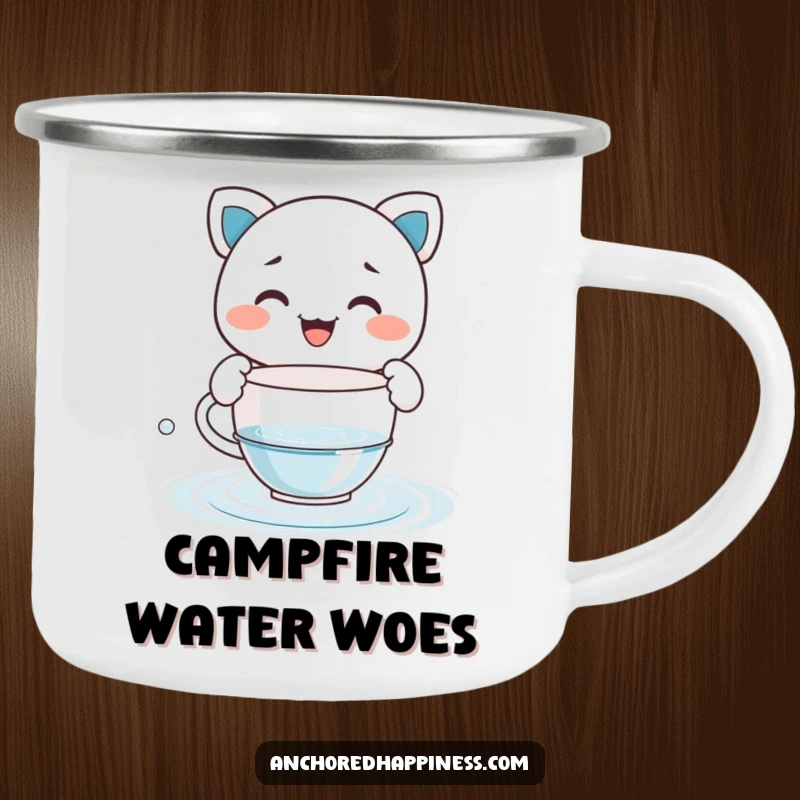 Funny enamel camping mug with a grinning character humorously bailing water with a tiny teacup, durable and witty for outdoor use.