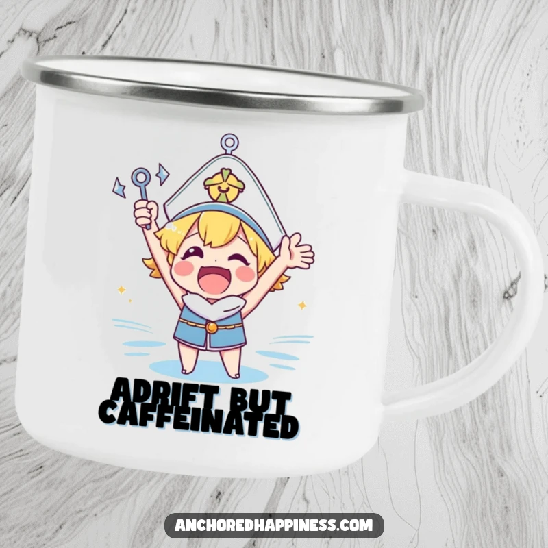 Funny anchor cheer enamel camping mug with a cheerful character holding a tiny anchor, designed for outdoor excitement and humor.