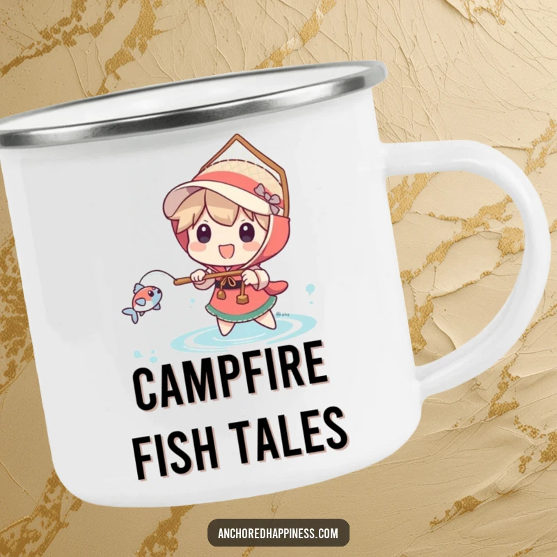 Funny camping mug with a character using a comically large net to catch a tiny fish, ideal for outdoor fun.