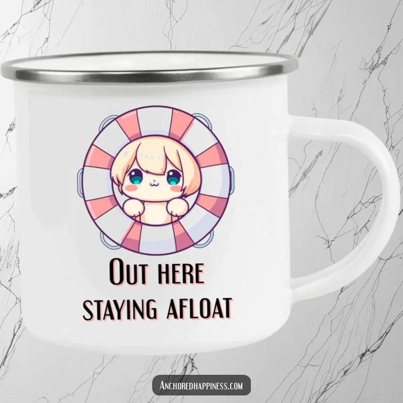 Funny Camping Mug: Cute character peeking from behind a large life preserver, perfect for camp safety, a durable funny gift.