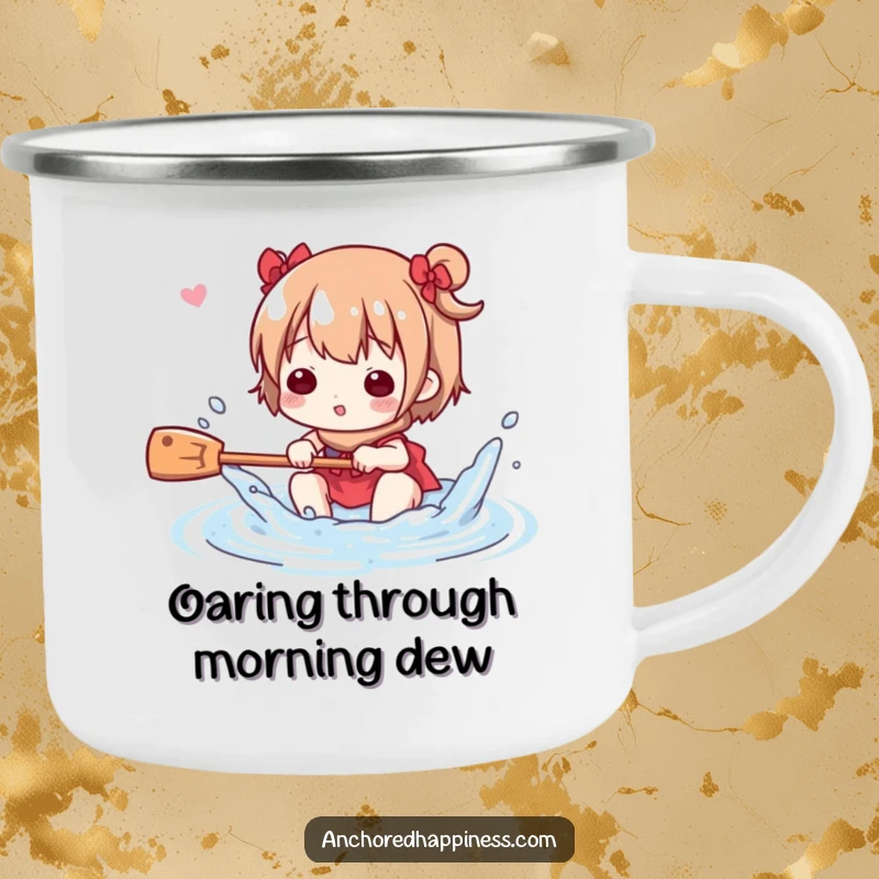 Funny Camping Mug: Cute character playfully splashing water with a small oar, perfect for outdoor fun, a durable funny gift.