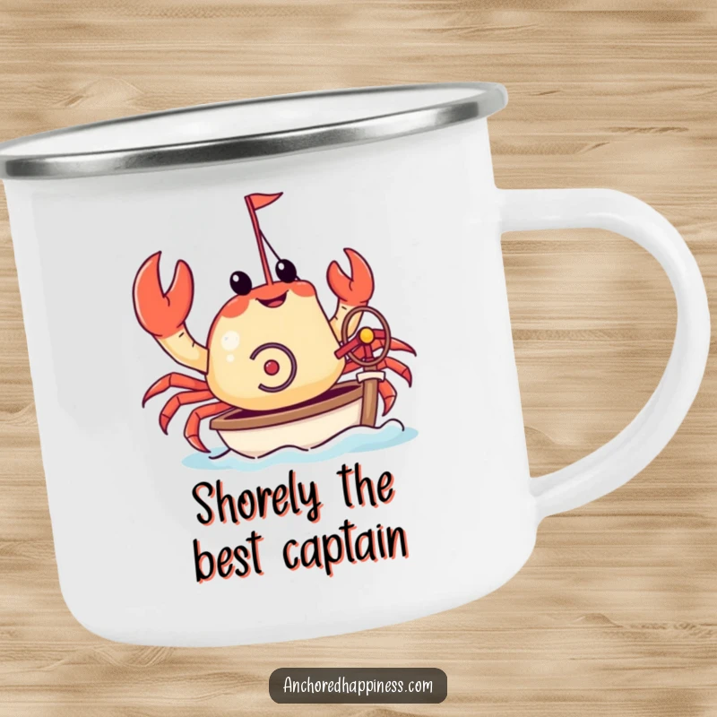 Funny camping mug showing a crab steering a miniature yacht with its pincers. Durable and humorous for outdoor enthusiasts. Rugged and funny.
