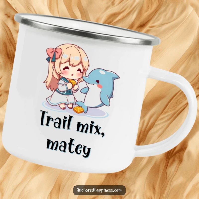 Funny camping mug with a cute character sharing a snack with a friendly dolphin, ideal for outdoor adventures.