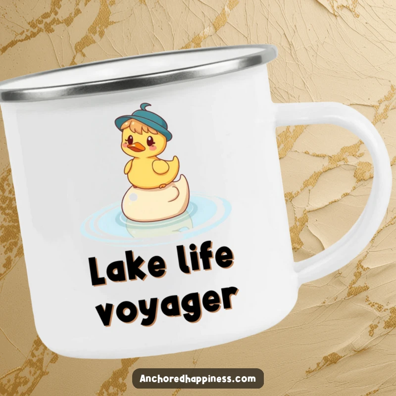 Funny camping mug showing a whimsical character balancing on a rubber ducky in the water, ideal for outdoor enjoyment with a humorous touch.