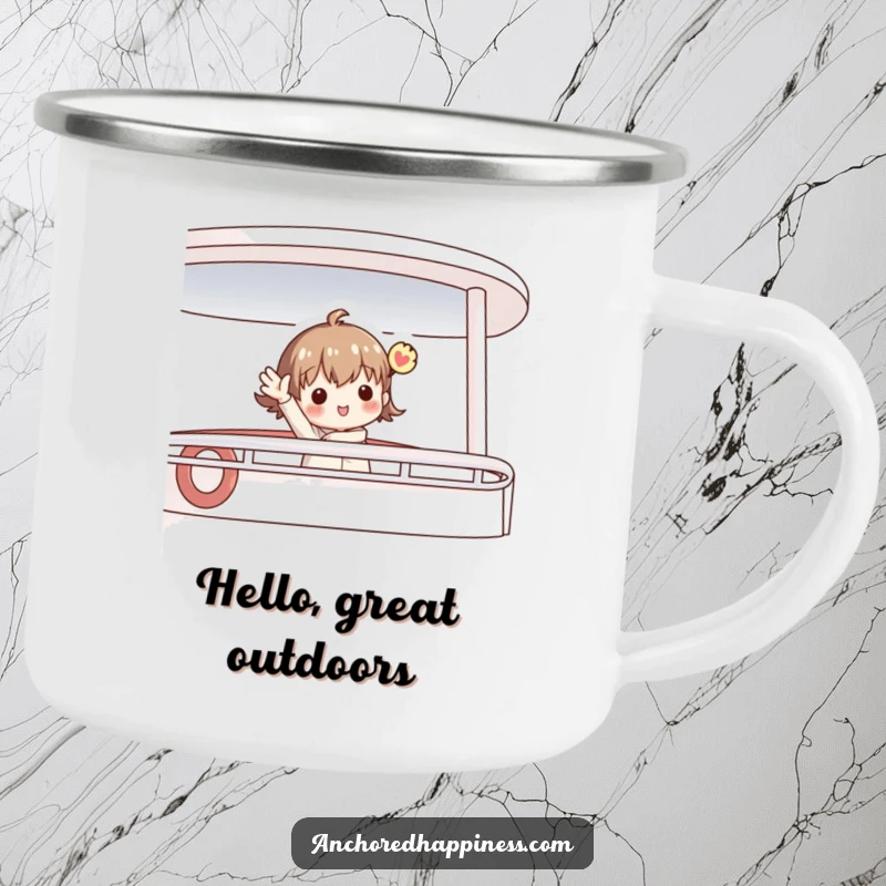 Funny camping mug featuring a charming figure enthusiastically waving from a boat deck, perfect for rugged adventures and warm beverages.