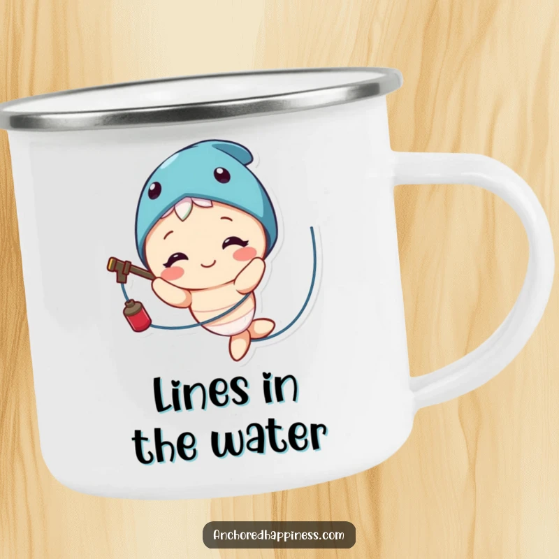 Funny camping mug with a cute character smiling and tangled in fishing line, a humorous addition to outdoor gear.