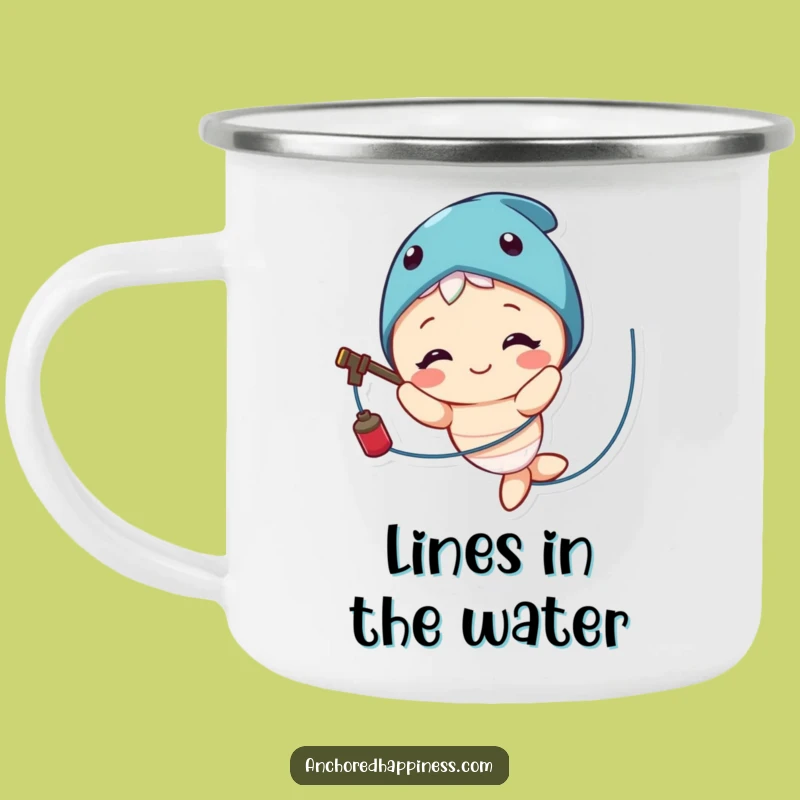 Funny Fishing Line Camping Mug: Cute Character's Smile on the Go