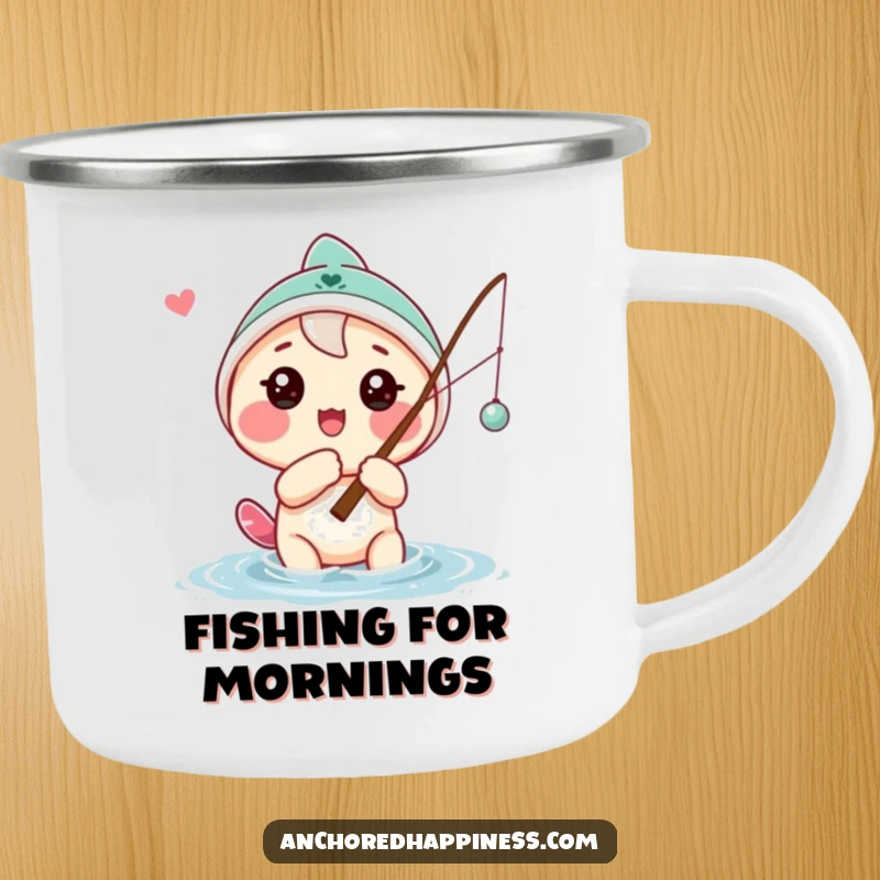 Funny camping mug featuring a playful character casting a fishing line with a hopeful look, perfect for outdoor adventures and hot drinks.